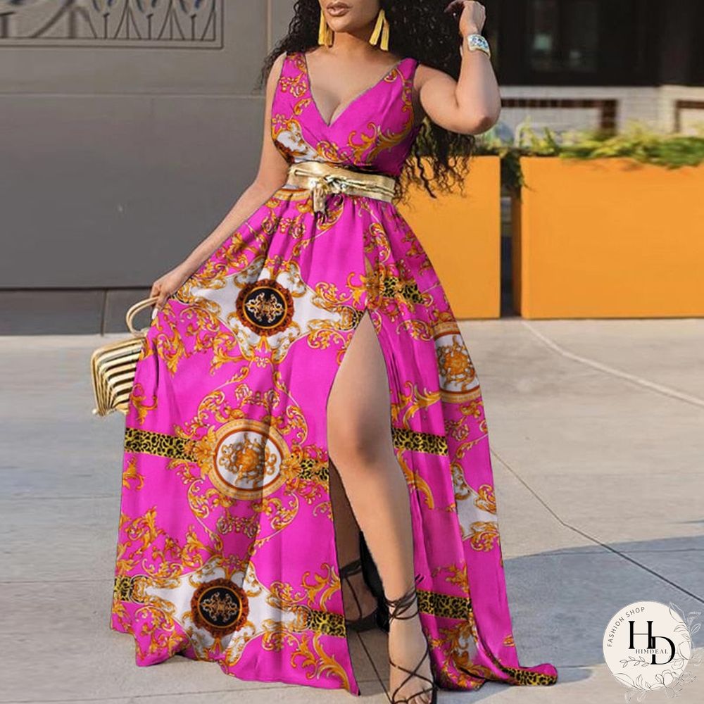 Women Sleeveless V Neck Bohemian Floral Print Beach Dress Sexy High Split Hem Robe Bohemian Vestido Party Beach Dress