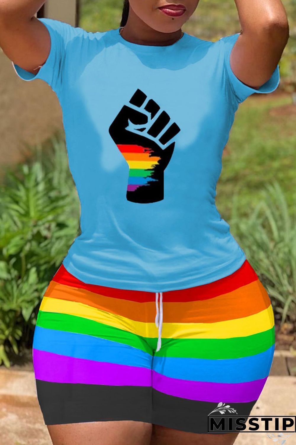 Yellow Fashion Casual Print Basic O Neck Short Sleeve Two Pieces