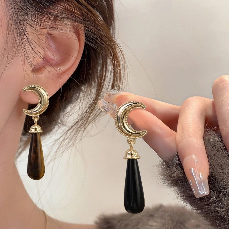 1 Pair Elegant Vintage Style Minimalist Moon Plating Tiger Eye Drop Earrings