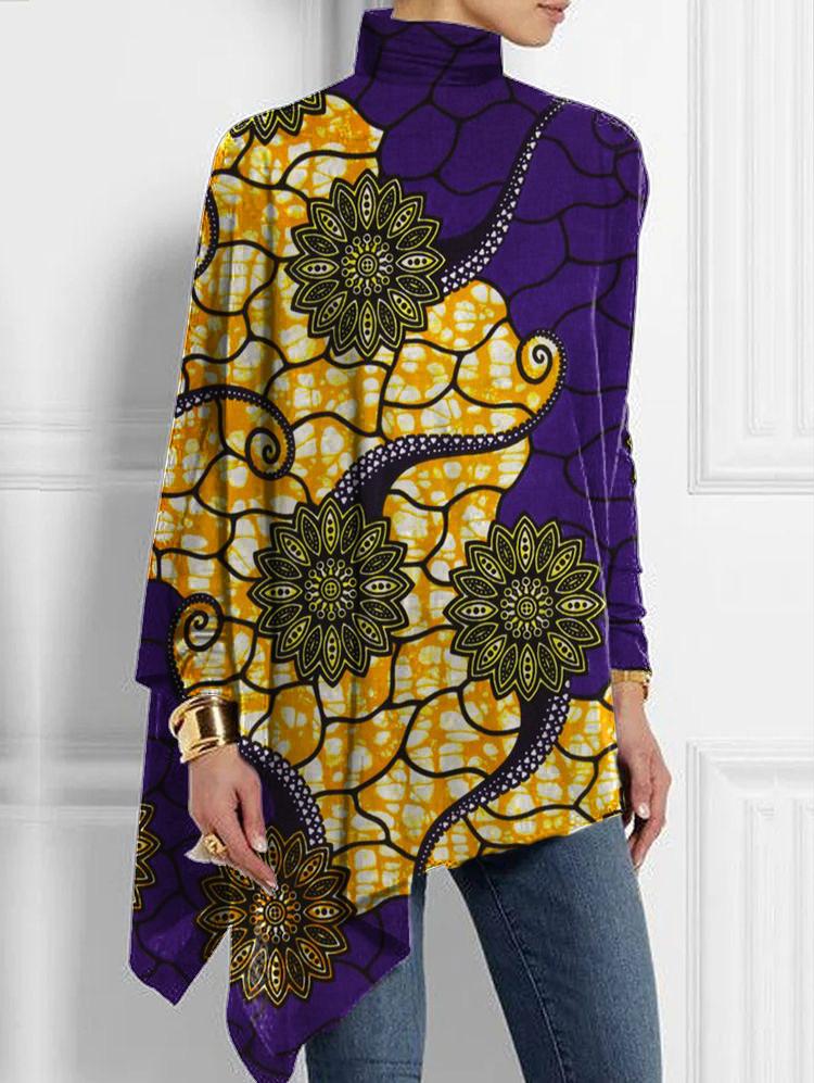 African Fabric Yellow Flowers Print Half Turtleneck Hem Top