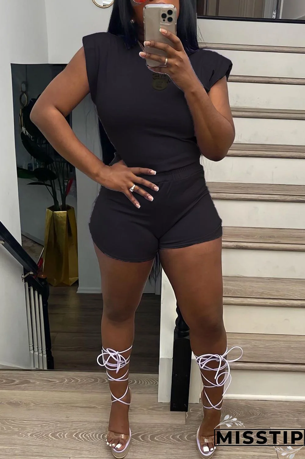 Black Fashion Casual Solid Basic O Neck Sleeveless Two Pieces