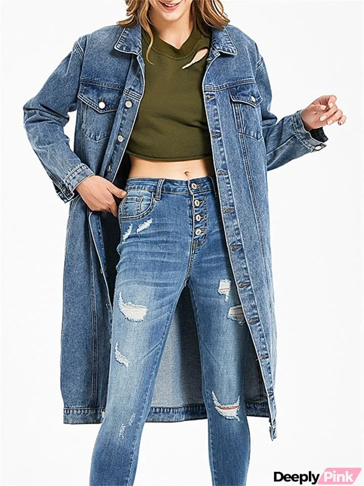 Winter Solid Color Long Sleeve Button Denim Women's Coats