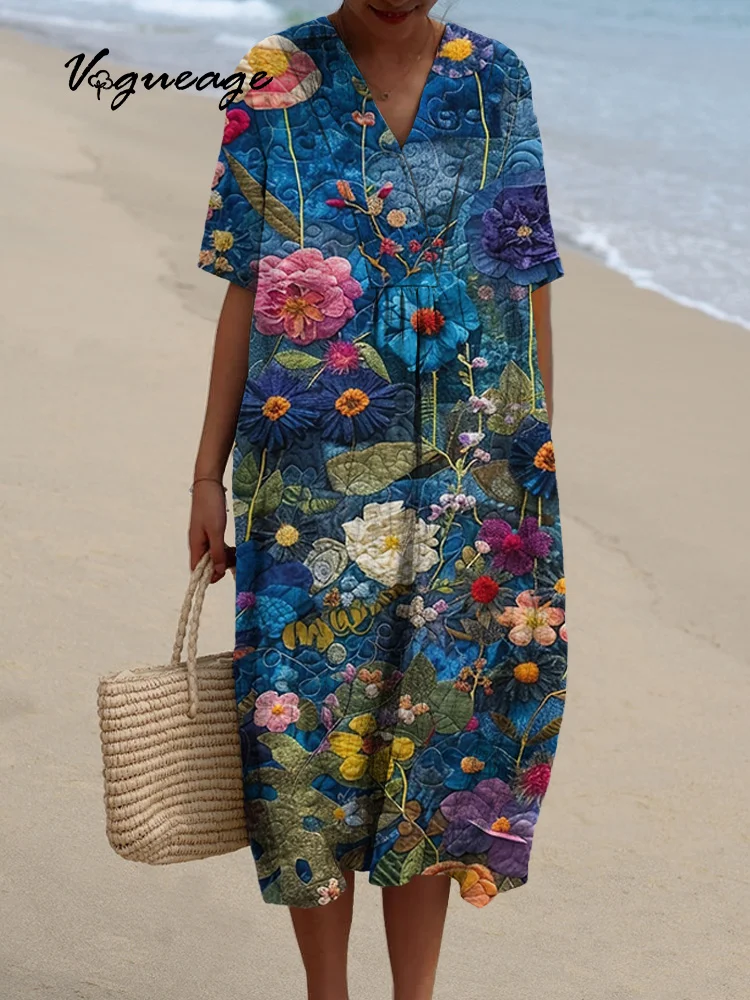 Elegant Ink Painting Plants And Flowers Printed Women's Casual Cotton And Linen Dress