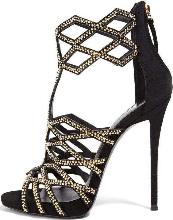 Black and Gold Studs Cage Sandals, Open Toe Stiletto Heel Shoes Vdcoo