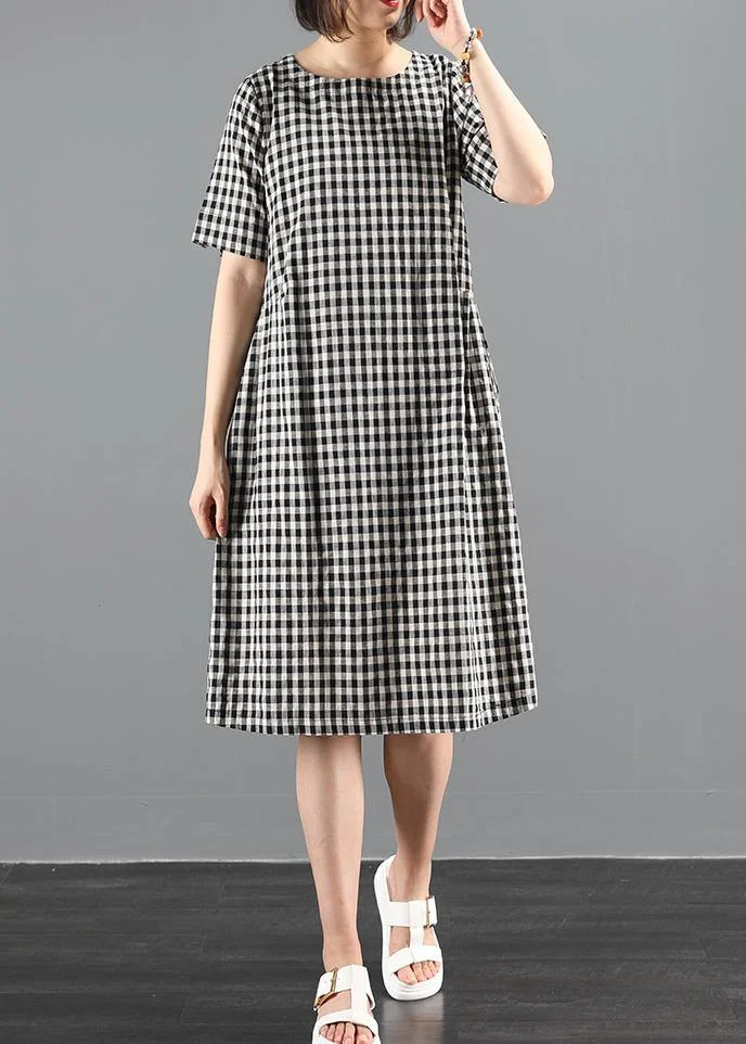 Chic o neck summer clothes Sewing black plaid Dresses