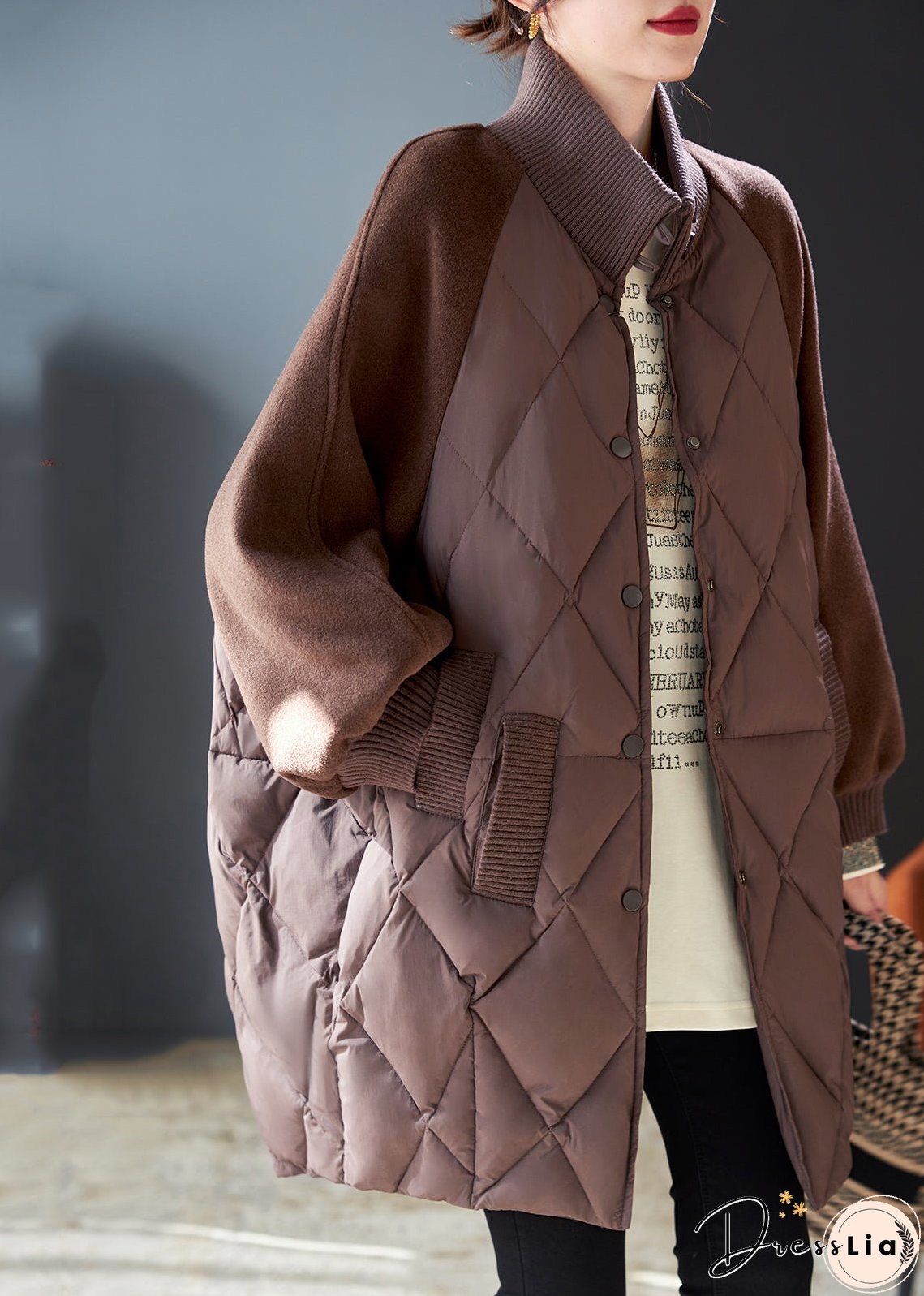 Stylish Brown Oversized Patchwork Woolen Fine Cotton Filled Jackets Winter