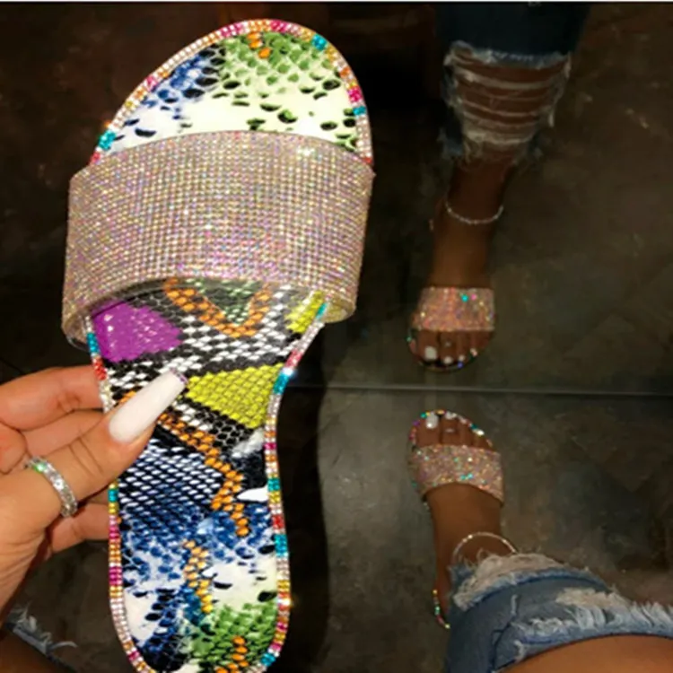 Breakj Breakj Summer Women's Flat Bottom Slippers Large Code New Bright Drill Flat Bottom Slippers Women Cold Slippers