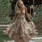 Women's Vintage Rose Embroidery Art V-neck Suspender Maxi Dress - Image 2