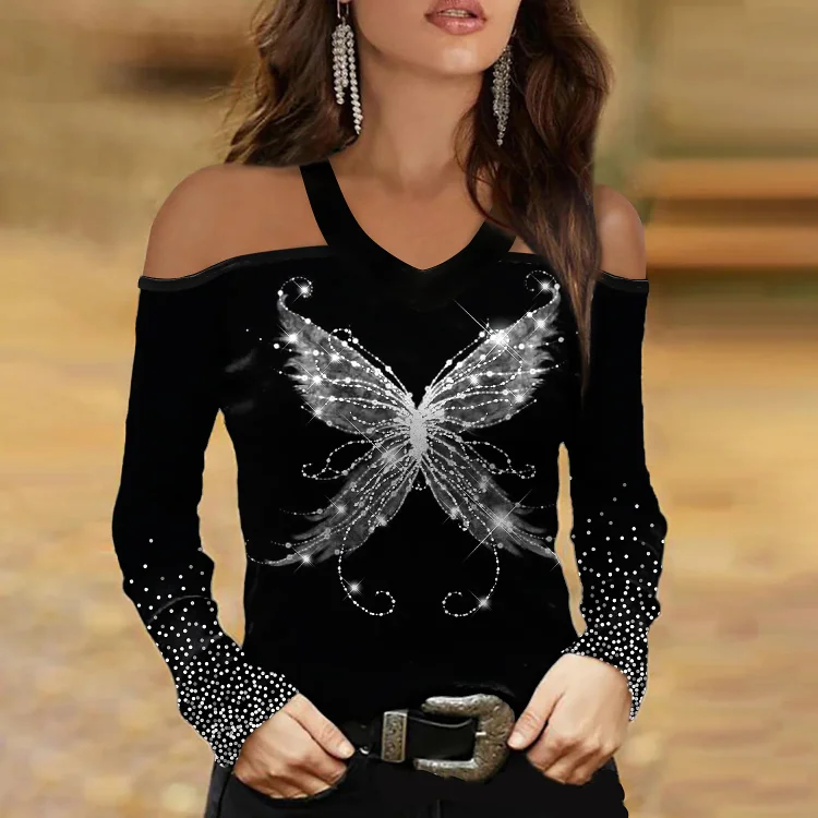 Off Shoulder Butterfly Printed Long Sleeve Shirt