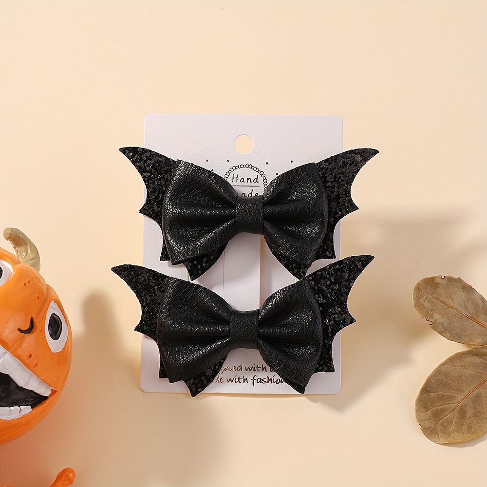 2pcs Gothic Punk Black Bat Bow Hair Clips For Girls - Sparkly Polyester Girls' Hair Accessories For Halloween, Party, And Everyday Wear
