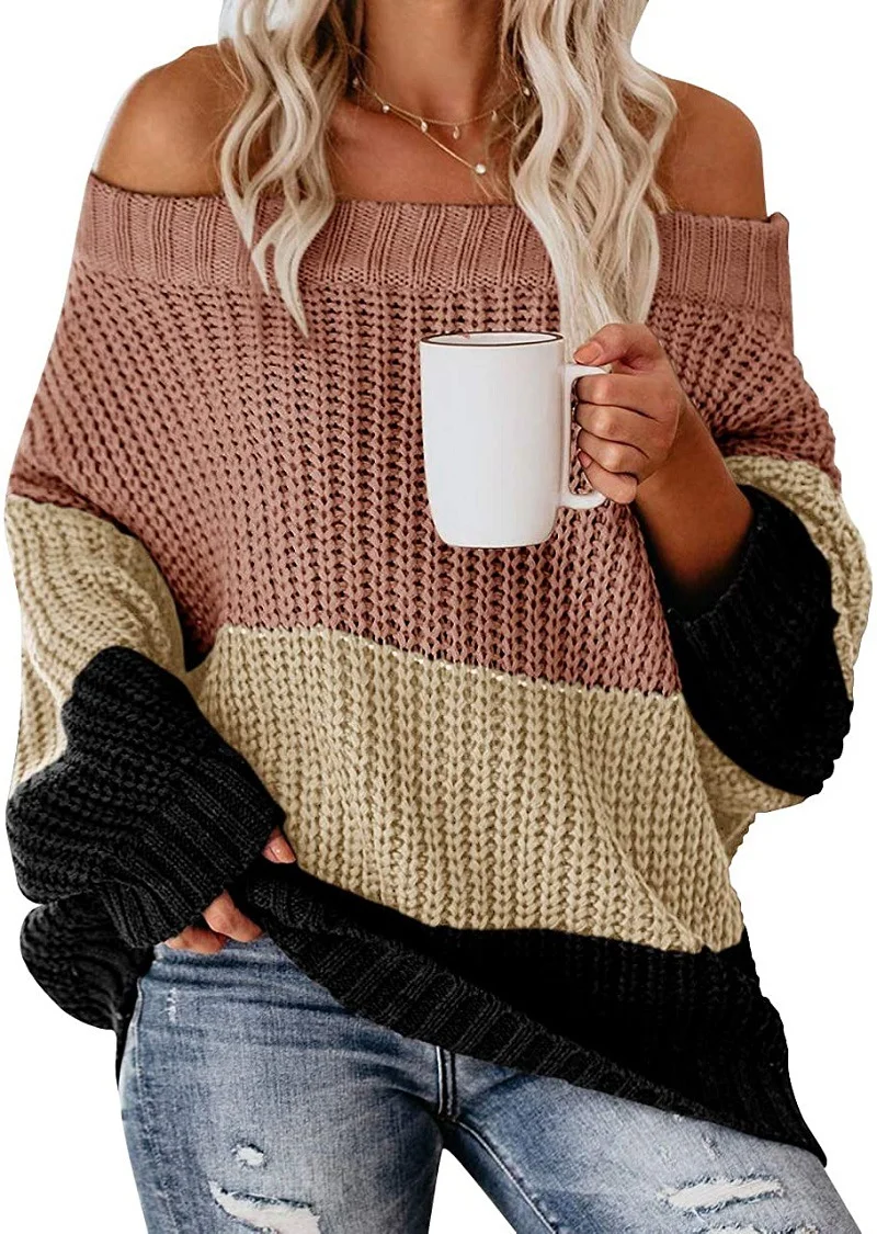 Wongn Wongn And Winter Women's One Word Collar Loose Splicing Color Knit Jumper Sweater Women