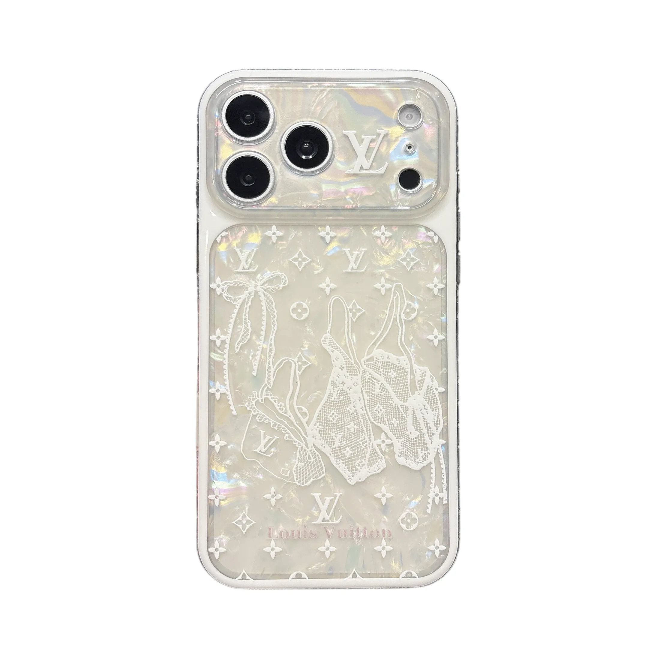 LV White Lace & Ribbon Iridescent Clear Case for iPhone 17/16/15 Series