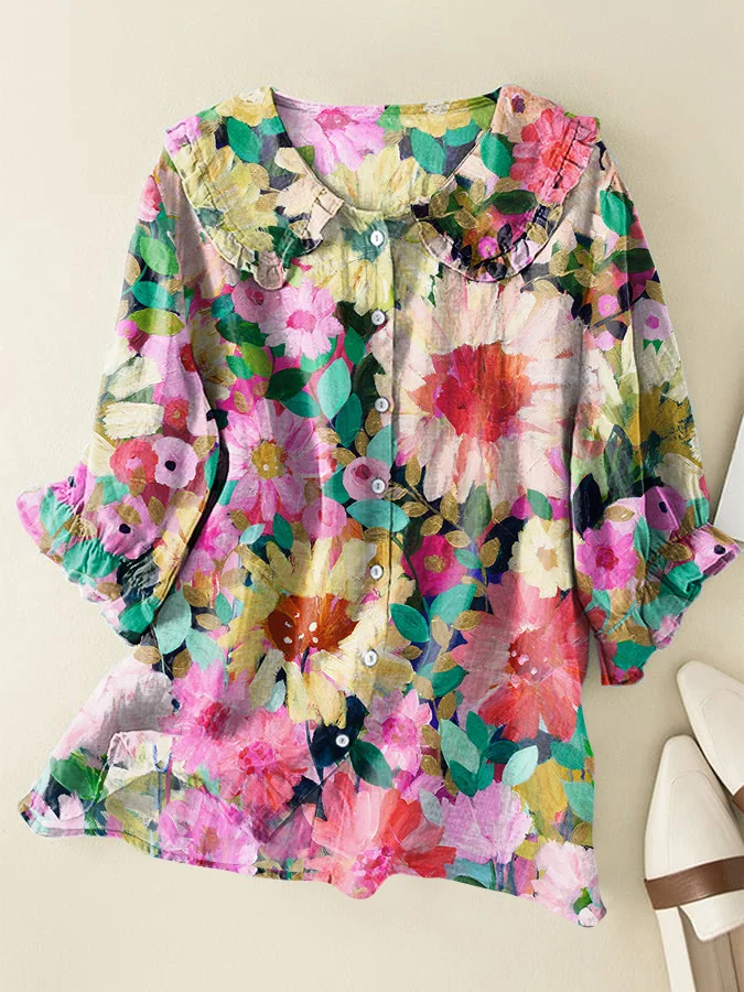 Vintage Colorful Floral Art Cotton and Linen Peter Pan Ruffle Collar Shirt