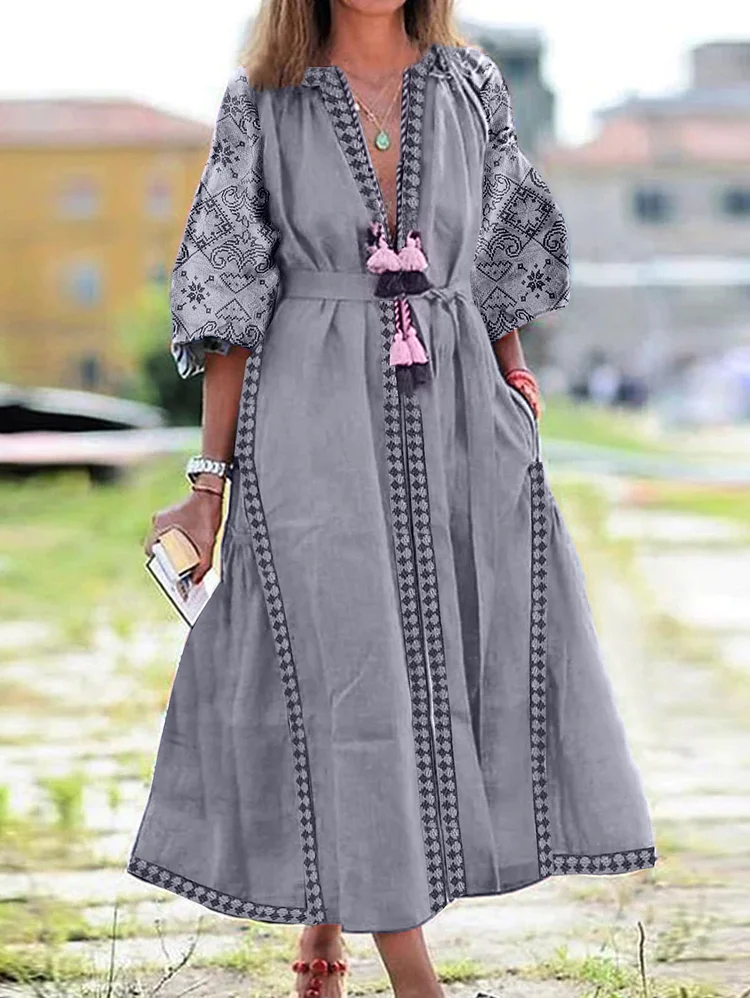 Ursime V Neck Ethnic Print Tie Front Pocket Maxi Boho Dress