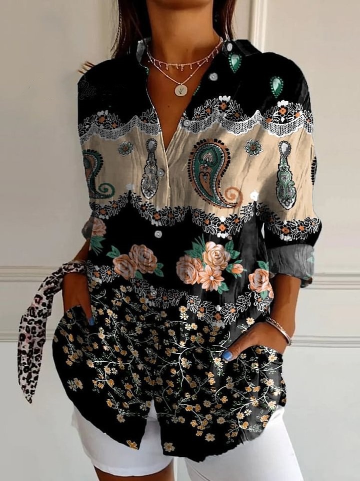 Vintage Paisley and Flowers Decorative Pattern Casual Cotton Shirt