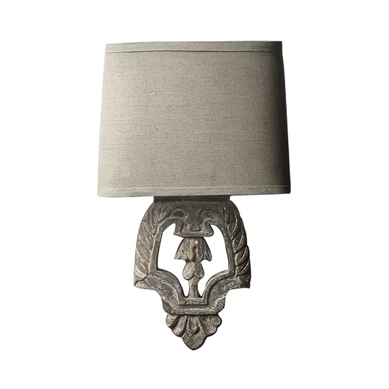Square Fabric Wall Light Fixture Country 1 Light Corridor Wall Lamp Sconce in Brown with Carved Backplate