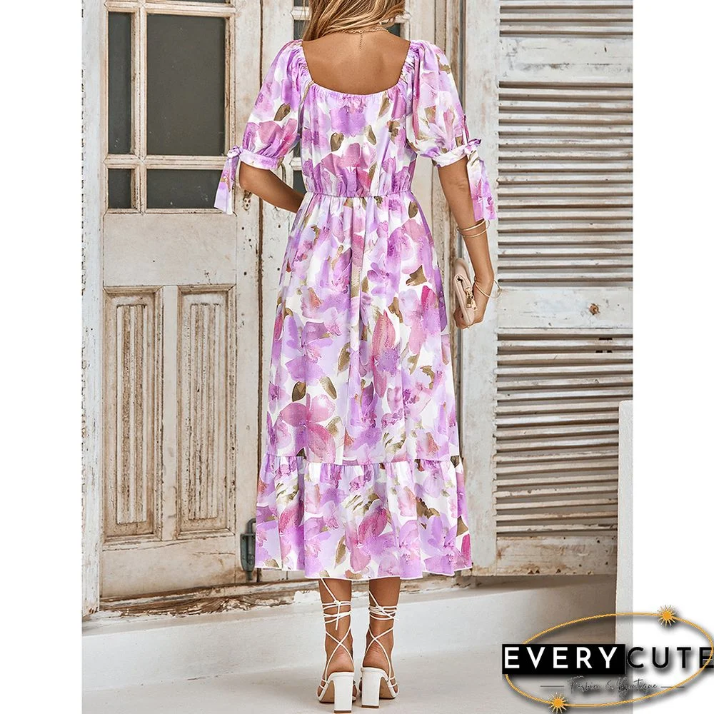 Purple Pink Floral Print Puff Sleeve Long Dress