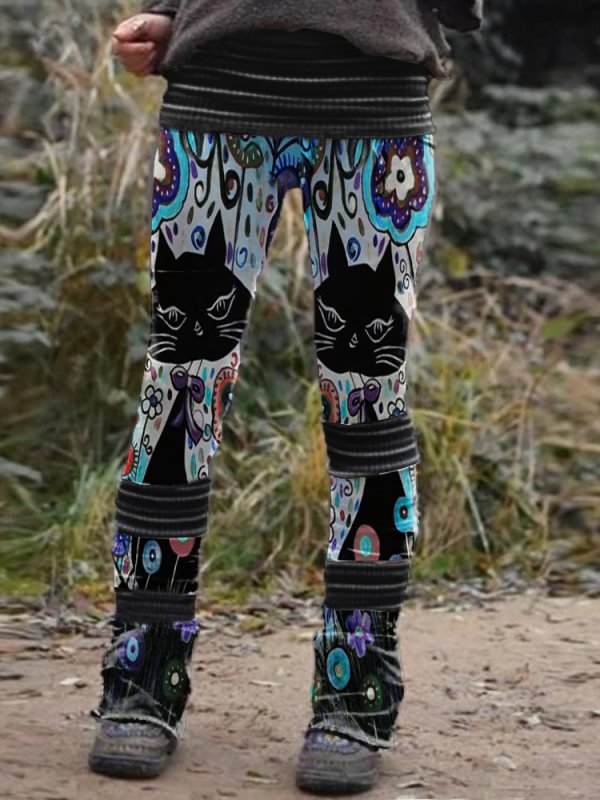 Retro floral cat print stitched thermal integrated Leggings