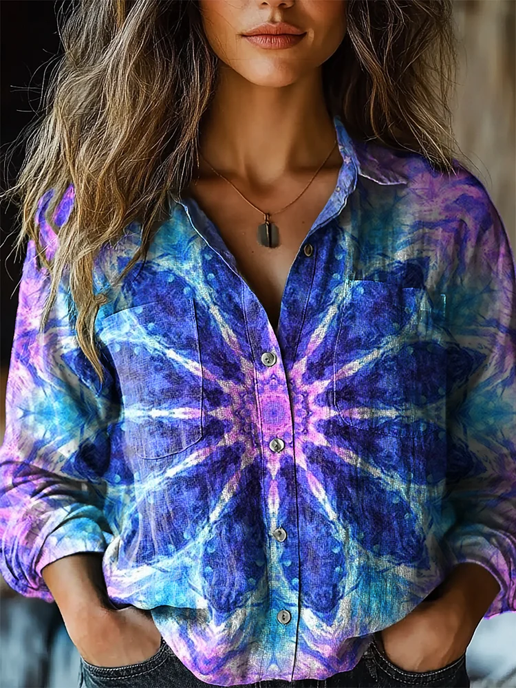Women's Hippie Lotus Art Print Casual Long Sleeve Comfortable Cotton Shirt