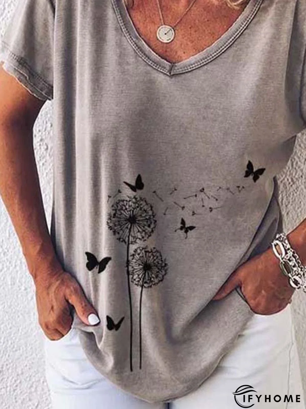 Short Sleeve Printed Casual V Neck T-shirt | IFYHOME