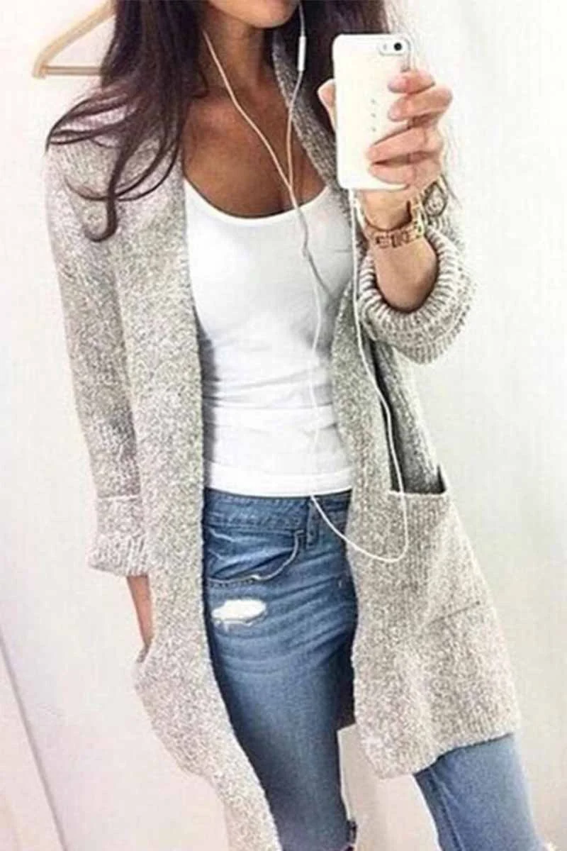 Solid Color Knitted Cardigan With Large Pockets
