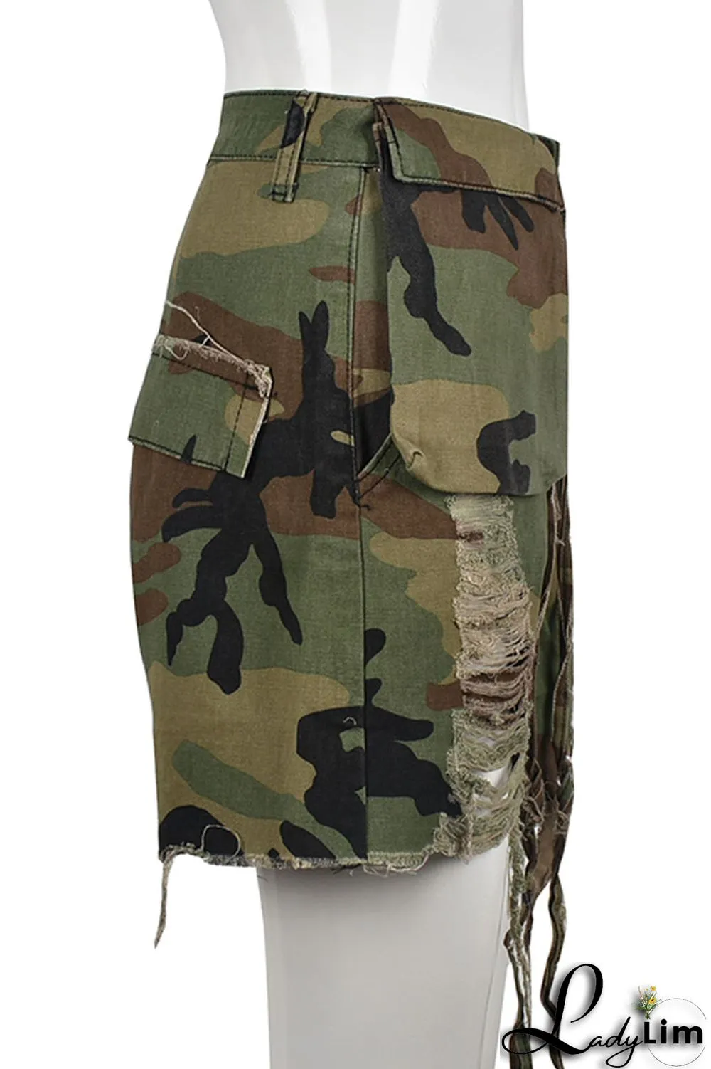 Camouflage Fashion Casual Camouflage Print Ripped Patchwork Regular High Waist Shorts