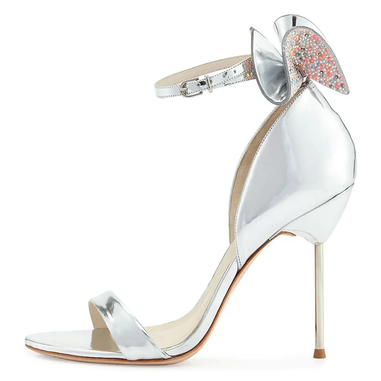 Silver Metallic Prom Heels Bow Embellishment Ankle Strap Sandals |FSJ Shoes
