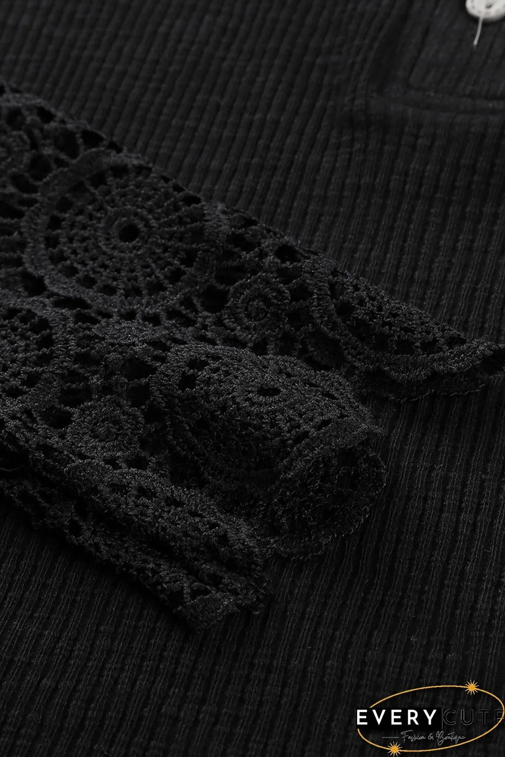 Black Crochet Lace Hem Sleeve Button Top