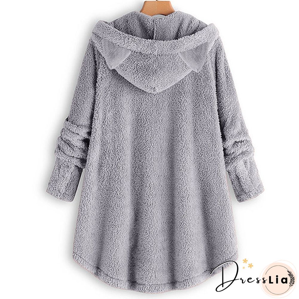 Fashion Women Coats Autumn Winter Outwear Tops Solid Color Plush Loose Cute Cat Ears Warm Fur Cardigan Coat with Pocket Plus Size S-5XL