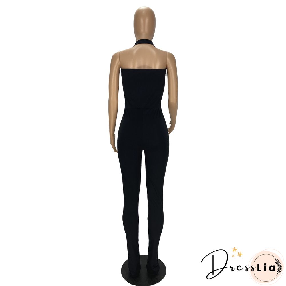Women Solid Color Sportswear Sleeveless Halter Bodycon Jumpsuits