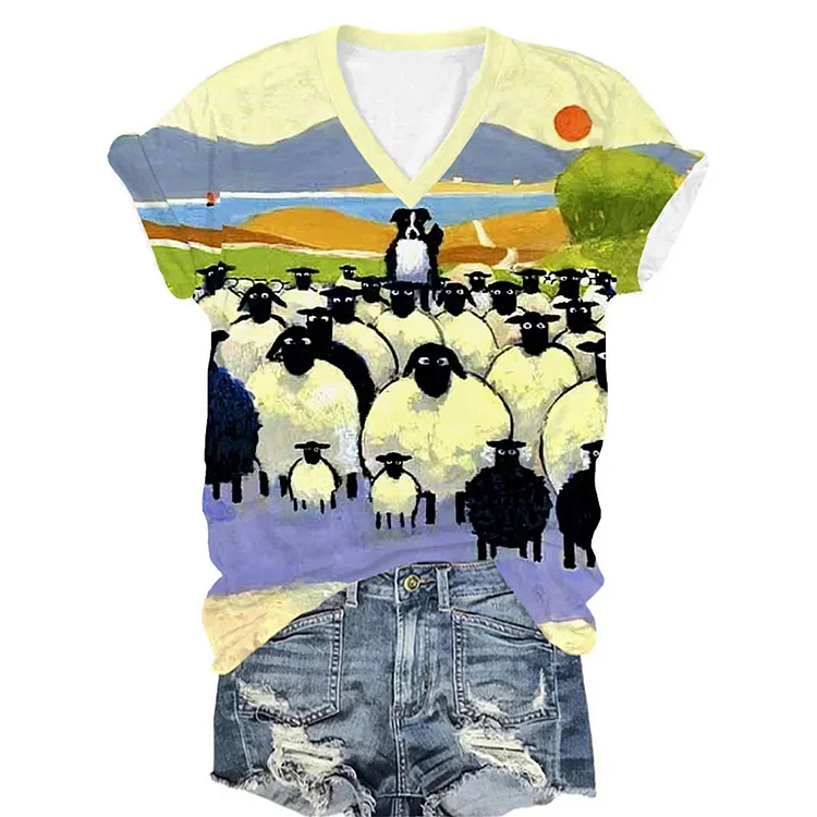 Womens Sheepdog And Sheep Print V-Neck T-Shirt