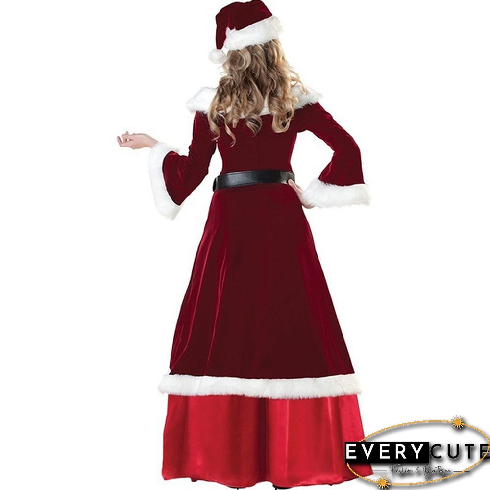Christmas Cosplay Party Velour Long Sleeve Robe Santa Claus Costumes for Adult Women