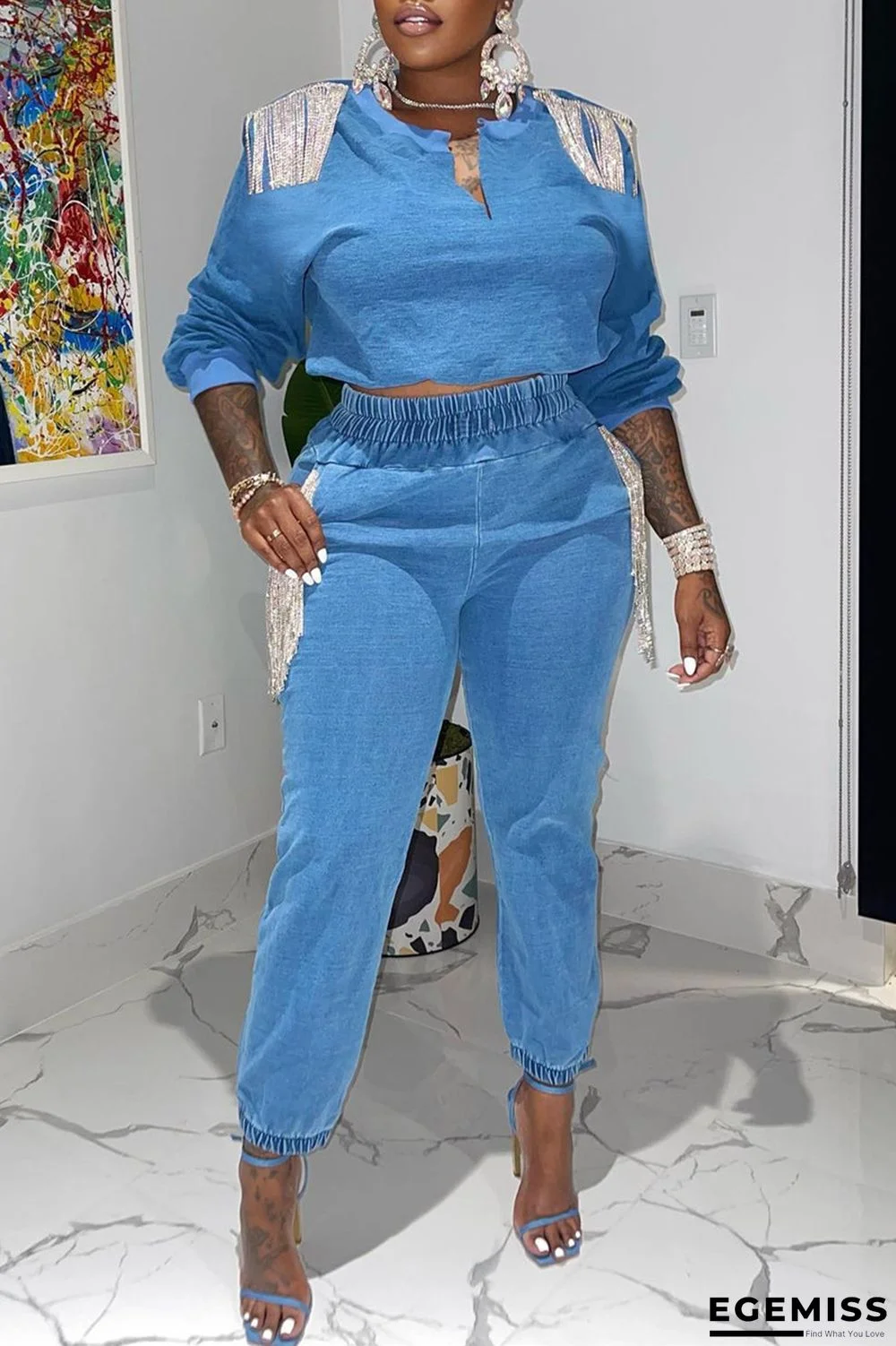 Sky Blue Fashion Casual Solid Tassel Patchwork V Neck Long Sleeve Two Pieces | EGEMISS
