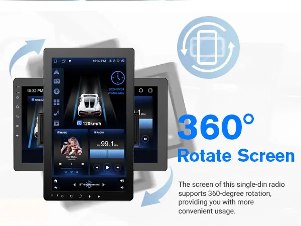 Product Introduction of 10.1" Rotatable Touch Screen Car Stereo Single Din - Android 13. Wireless CarPlay/Android Auto. 4-Core CPU. 2GB+32GB. GPS Navigation. Hi-Fi Sound. Bluetooth 4.2. AHD Backup Camera (Vertical Fit) 3