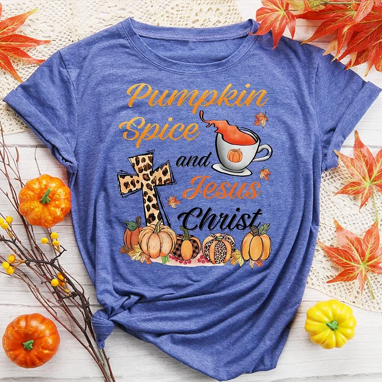Pumpkin Spice and Jesus Round Neck T-shirt-0018563