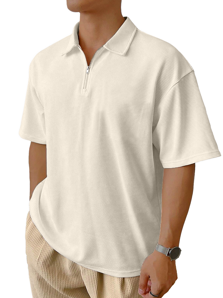 Men's Casual Daily Solid Color Waffle Zipper Short-sleeved Polo Shirt
