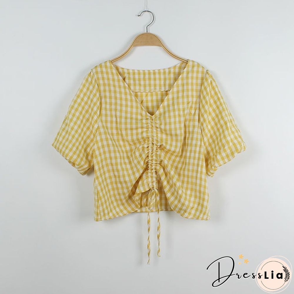 T-Shirts Womens Summer Crop Tops Plaid V-Neck Lantern Sleeve 2Xl Drawstring Slim Chic