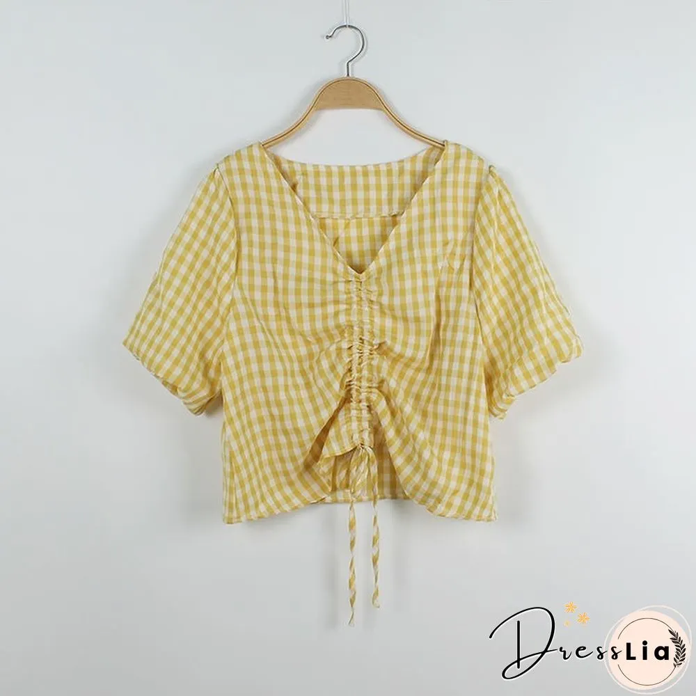 T-Shirts Womens Summer Crop Tops Plaid V-Neck Lantern Sleeve 2Xl Drawstring Slim Chic