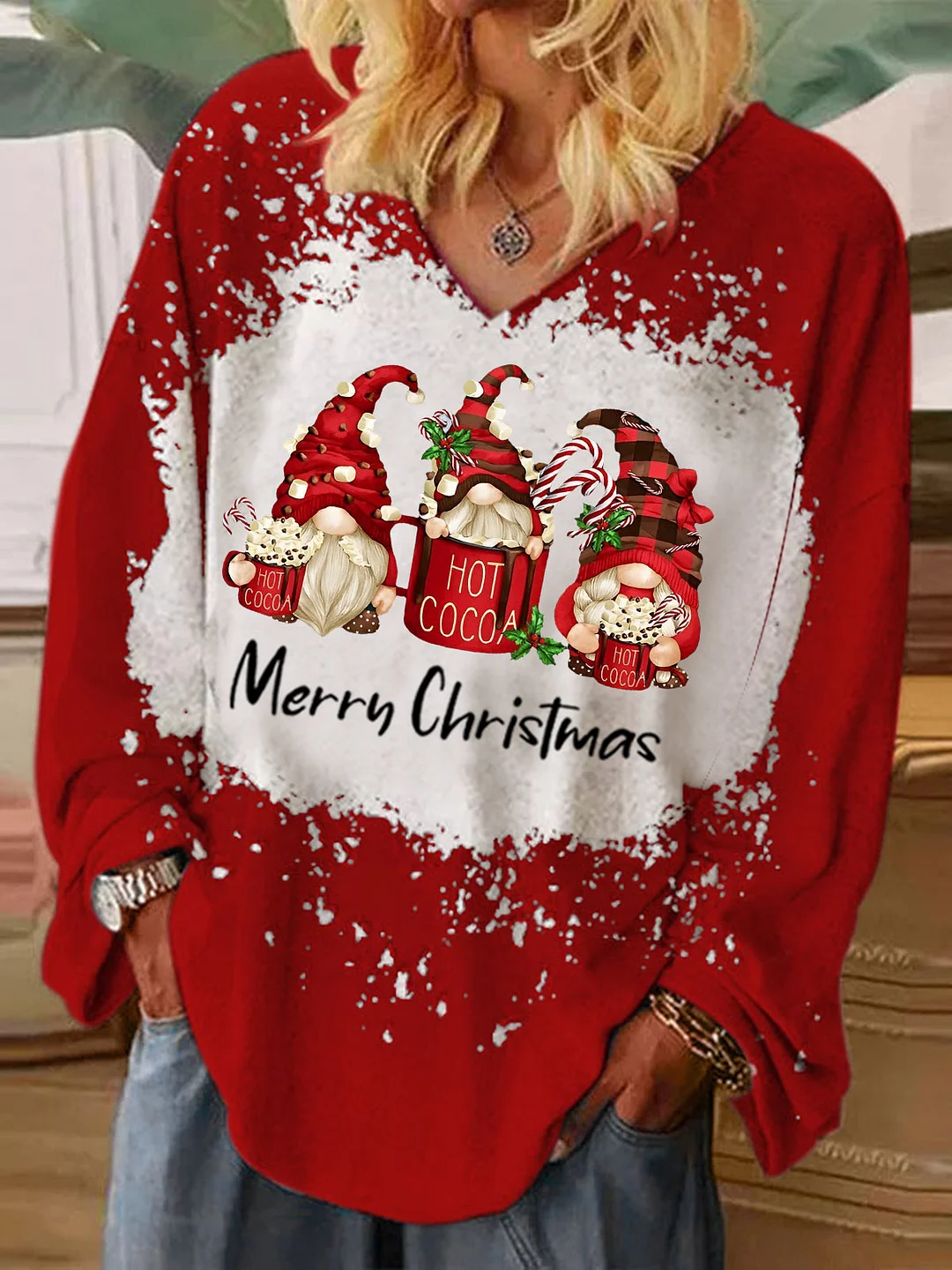Merry Christmas Hot Cocoa Gnomes Print Tie Dye V-neck Shirt