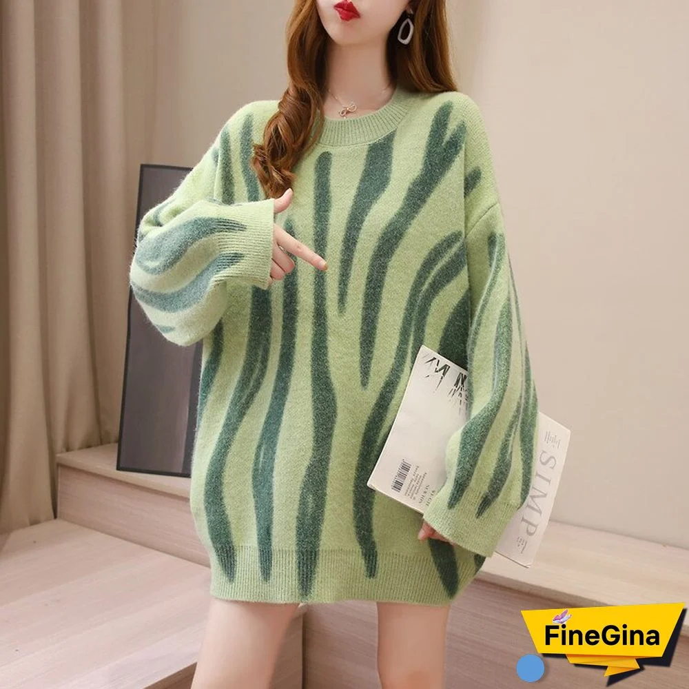 Long Sweaters for Women Autumn Winter Fashion Striped Print Pullovers Outerwear Women's Jumper O-Neck Loose Ladies Sweater