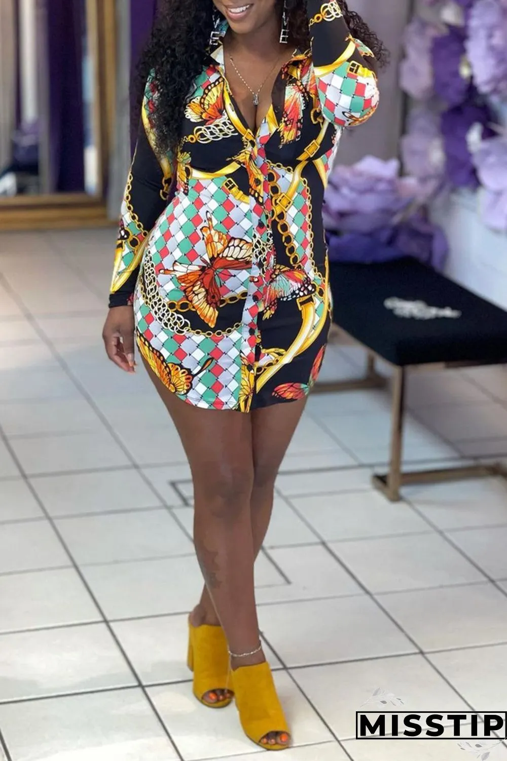 Black Fashion Casual Print Basic Turndown Collar Long Sleeve Dresses