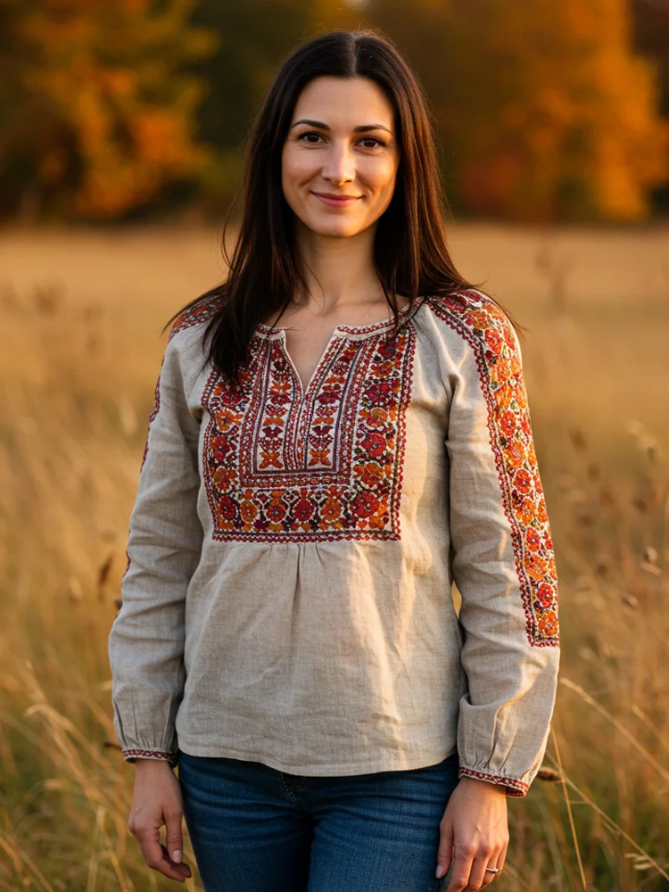 Women's Vintage Bohemian Embroidered Print Shirt