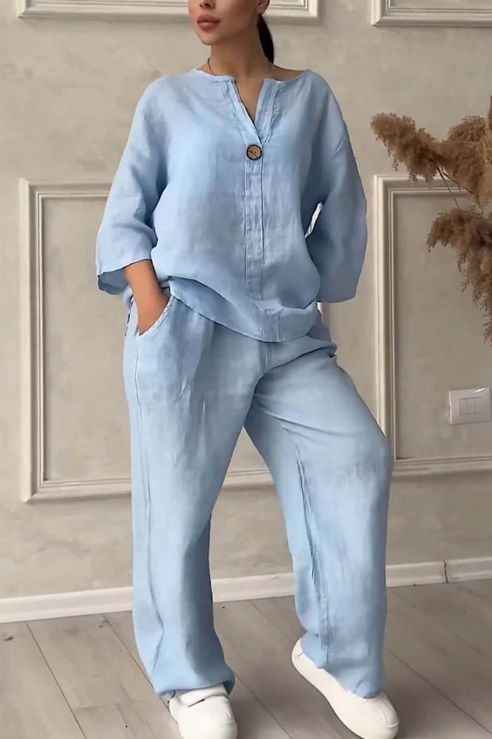 Pinsballz New Women's V-neck Button Up 9-quarter Sleeve Loose Top Plus Size Cotton And Linen Shirt Solid Color Set High Waist Loose Pants