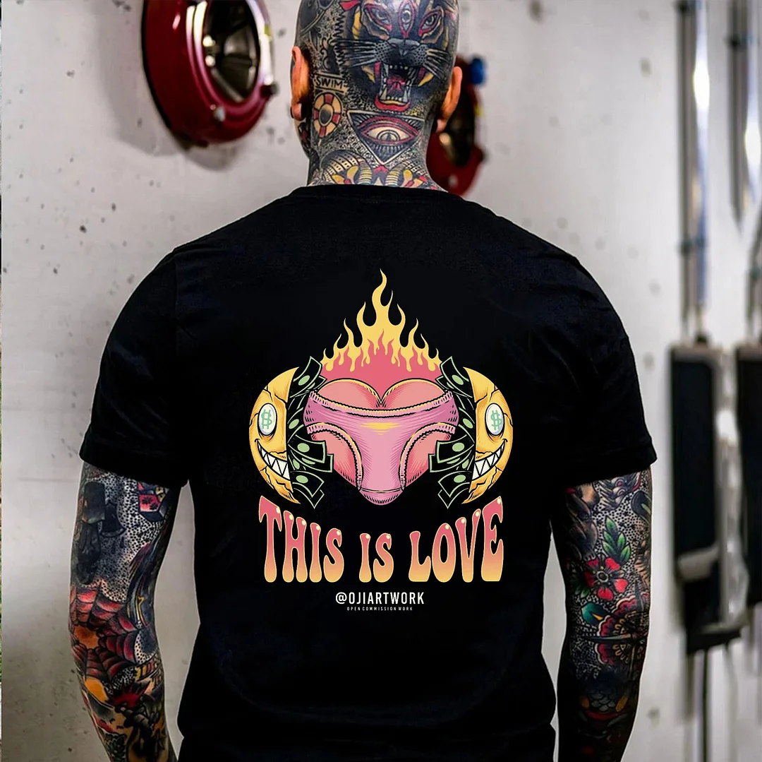 THIS IS LOVE Heart Sexy Ass in Burning Fire Black Print T-shirt