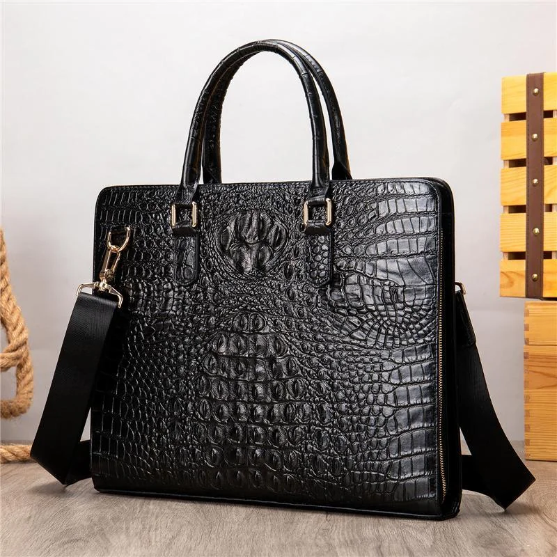 Vintage Genuine Leather Crocodile-Textured Style Top-Handled Business Bag