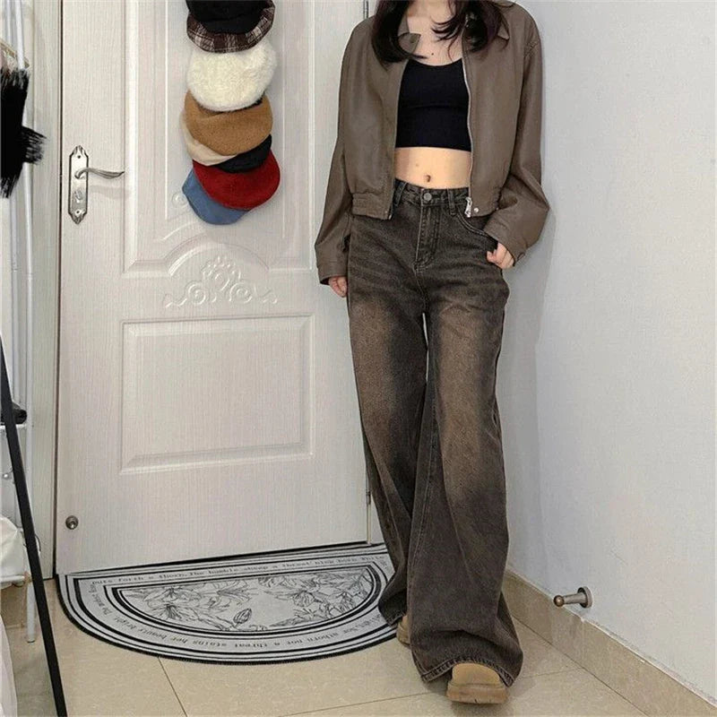 Aiertu Women's Vintage Brown High Waisted Jeans Street Style Girl Wide Leg Bottoms Loose Pants Female Fashion Denim Trousers Aiertu