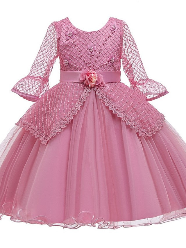 Long Length Cap Sleeve Jewel Neck Flower Girl Dress with Lace Tulle Belt & Crystals Rhinestones