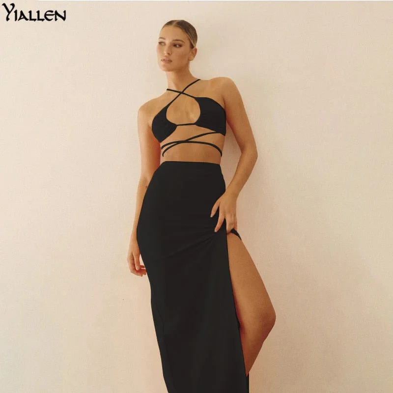 Yiallen Summer New Camisole Two Piece Skirt Set Fashion Casual Party Vacation Beach Solid Rib Knit Long Skirt Set Hot Sale