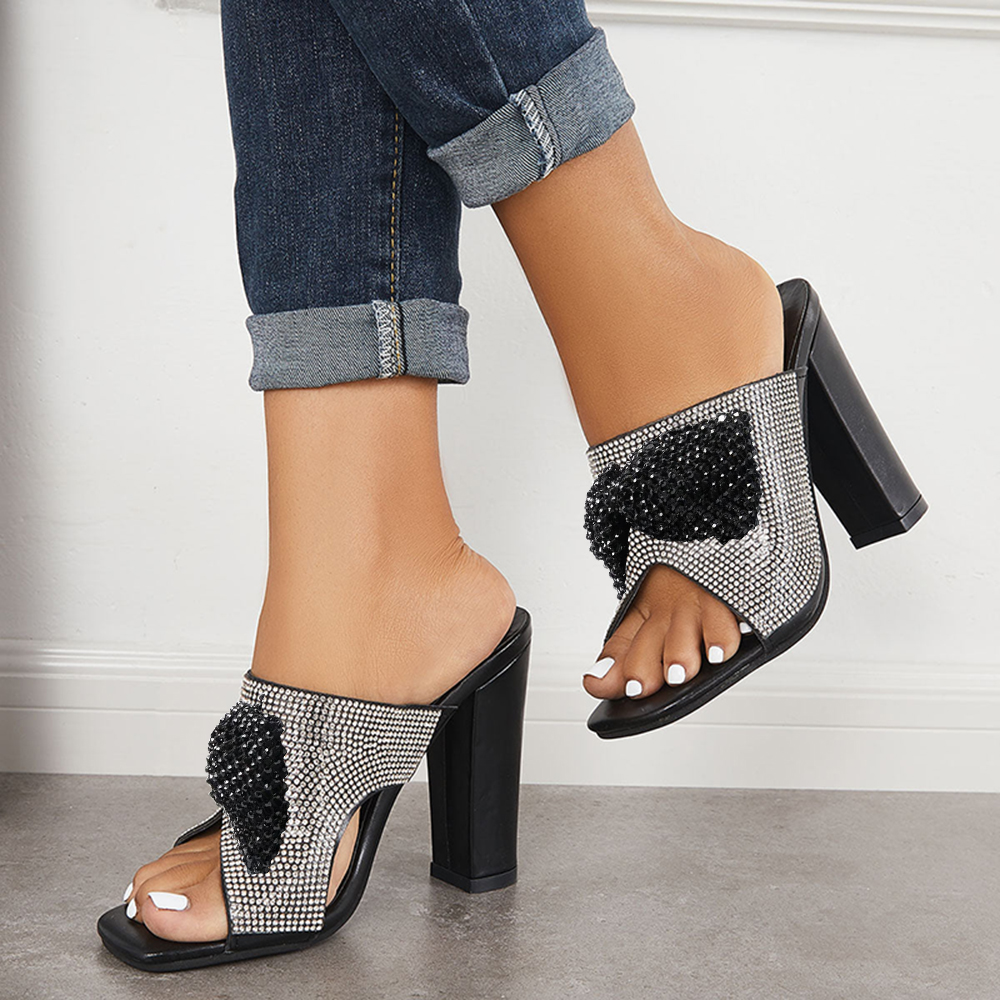 Black Vegan Leather Square Toe 4'' Chunky Heel Rhinestone Mules Nicepairs