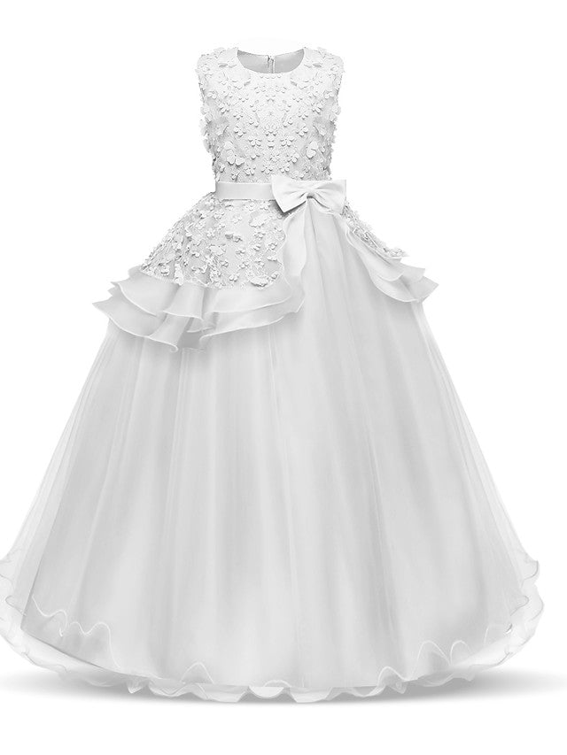 Oknass Sleeveless Jewel Neck Flower Girl Dresses Chiffon Satin Tulle With Bow Tier Appliques
